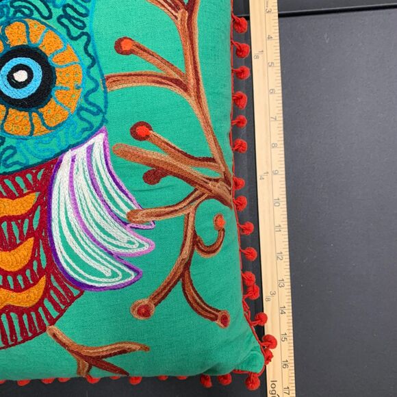 Karma Living Owl Fringe Throw Pillow 16x16 Green Background - Picture 7 of 8